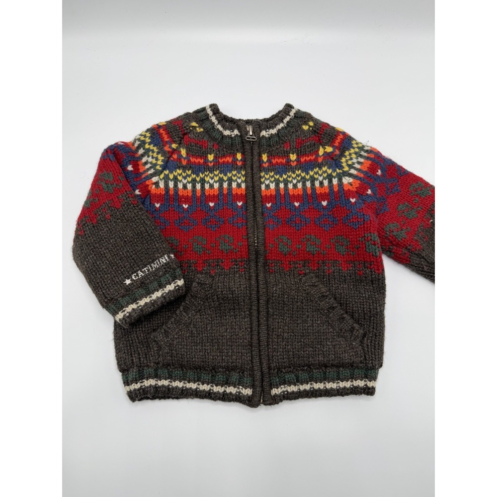 Catimini Fair Isle Lined Zip Cardigan Sweater Brown 18 Months Pre-owned AS IS